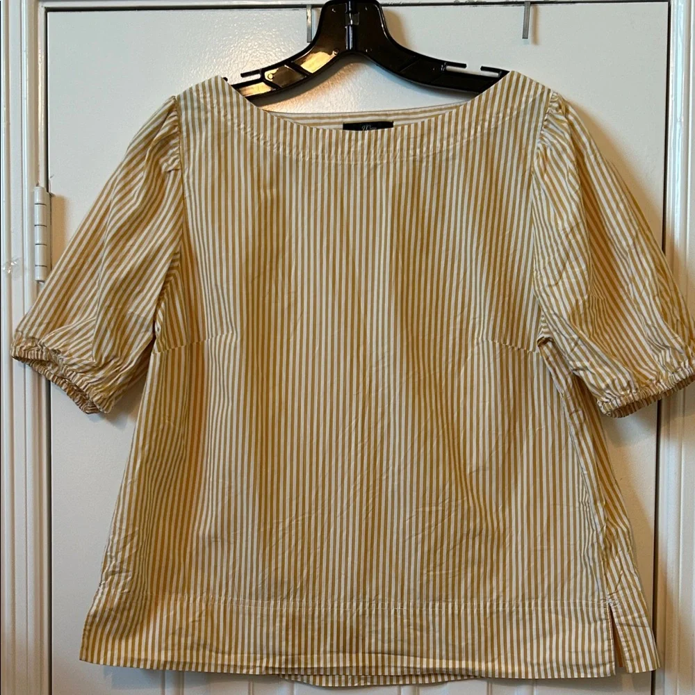 J.Crew Yellow White Striped Boatneck Puff Sleeve Blouse Top Size Medium